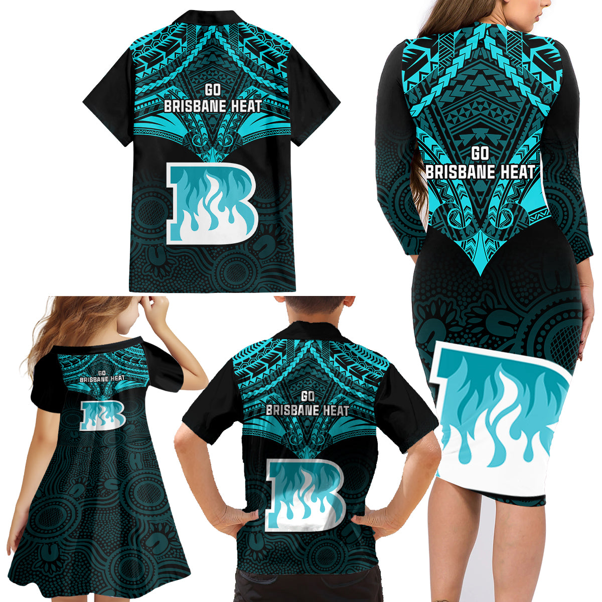 brisbane-heat-cricket-family-matching-long-sleeve-bodycon-dress-and-hawaiian-shirt-2023-unique-indigenous-art-mix-polynesian-pattern