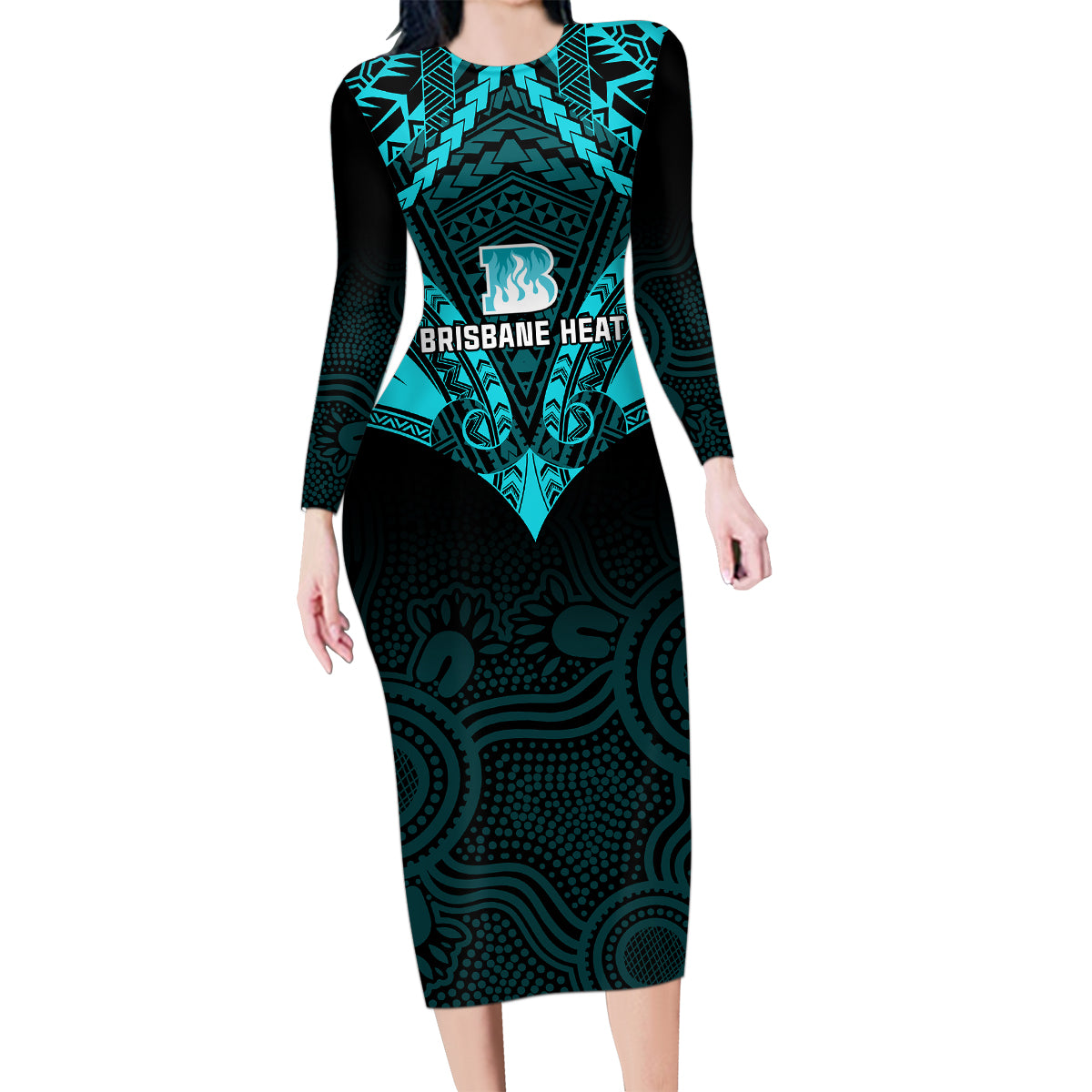 brisbane-heat-cricket-family-matching-long-sleeve-bodycon-dress-and-hawaiian-shirt-2023-unique-indigenous-art-mix-polynesian-pattern