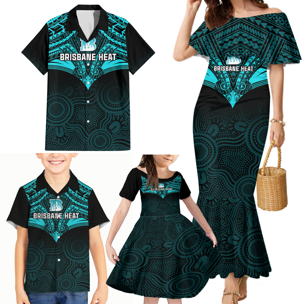 brisbane-heat-cricket-family-matching-mermaid-dress-and-hawaiian-shirt-2023-unique-indigenous-art-mix-polynesian-pattern