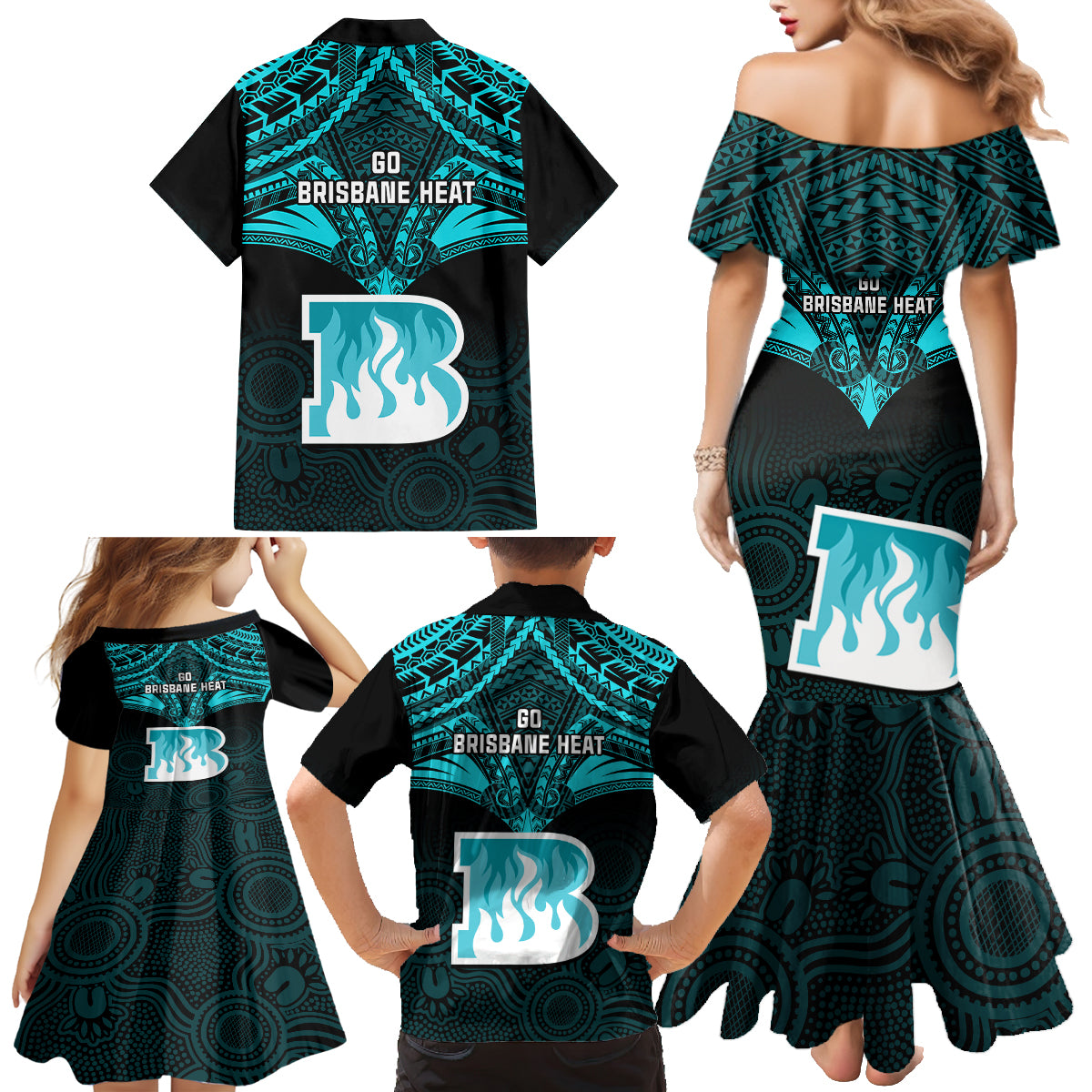 brisbane-heat-cricket-family-matching-mermaid-dress-and-hawaiian-shirt-2023-unique-indigenous-art-mix-polynesian-pattern