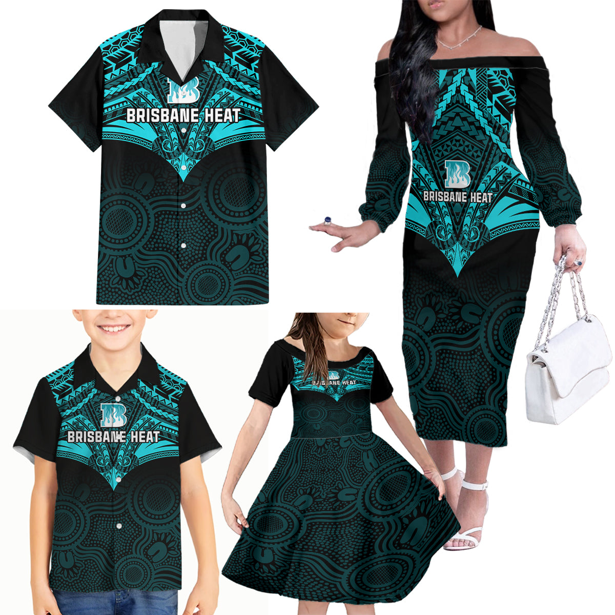 brisbane-heat-cricket-family-matching-off-shoulder-long-sleeve-dress-and-hawaiian-shirt-2023-unique-indigenous-art-mix-polynesian-pattern