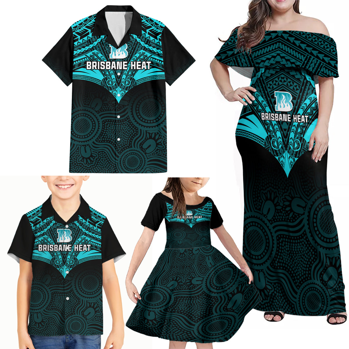 brisbane-heat-cricket-family-matching-off-shoulder-maxi-dress-and-hawaiian-shirt-2023-unique-indigenous-art-mix-polynesian-pattern