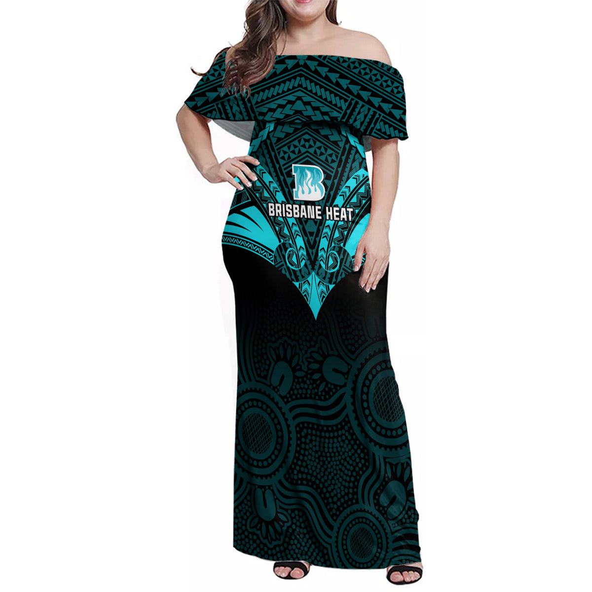 brisbane-heat-cricket-family-matching-off-shoulder-maxi-dress-and-hawaiian-shirt-2023-unique-indigenous-art-mix-polynesian-pattern