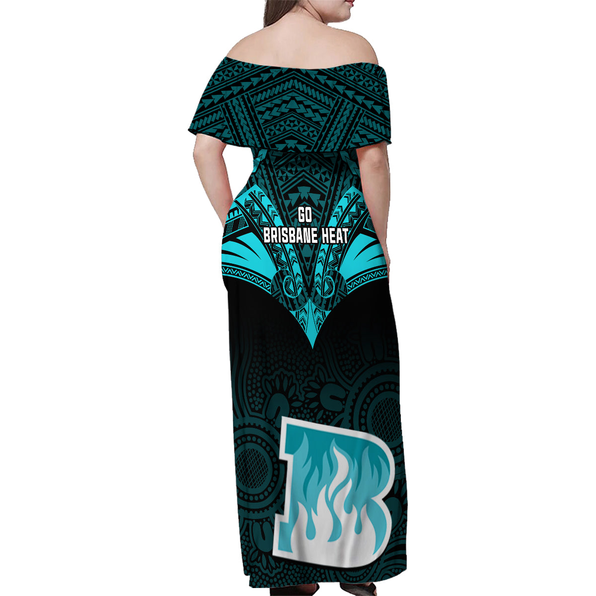 brisbane-heat-cricket-family-matching-off-shoulder-maxi-dress-and-hawaiian-shirt-2023-unique-indigenous-art-mix-polynesian-pattern