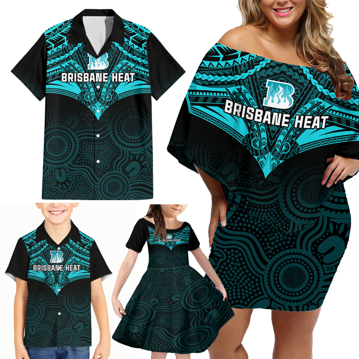 Brisbane Heat Cricket Family Matching Off Shoulder Short Dress and Hawaiian Shirt 2023 Unique Indigenous Art Mix Polynesian Pattern LT14