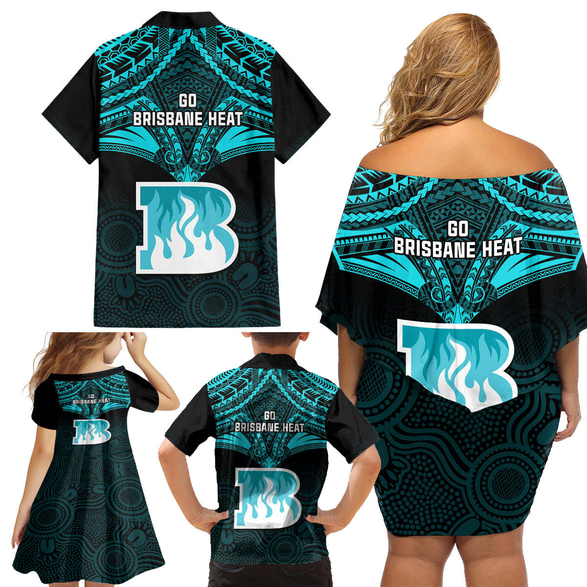 Brisbane Heat Cricket Family Matching Off Shoulder Short Dress and Hawaiian Shirt 2023 Unique Indigenous Art Mix Polynesian Pattern LT14