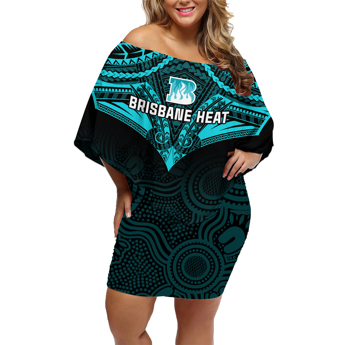 Brisbane Heat Cricket Family Matching Off Shoulder Short Dress and Hawaiian Shirt 2023 Unique Indigenous Art Mix Polynesian Pattern LT14