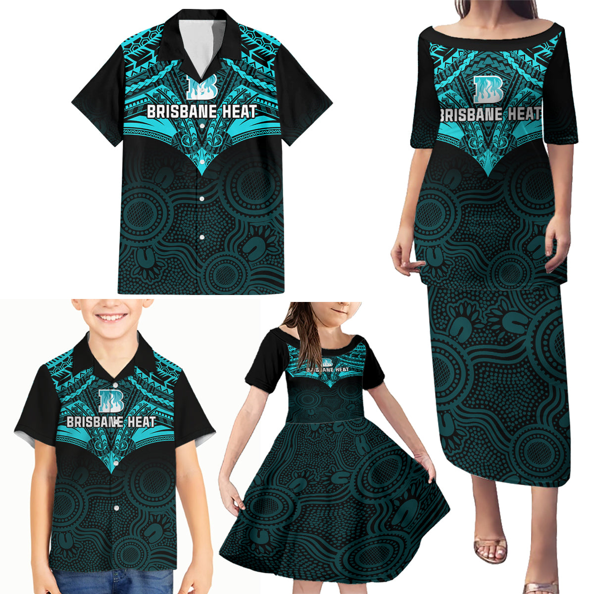 brisbane-heat-cricket-family-matching-puletasi-dress-and-hawaiian-shirt-2023-unique-indigenous-art-mix-polynesian-pattern