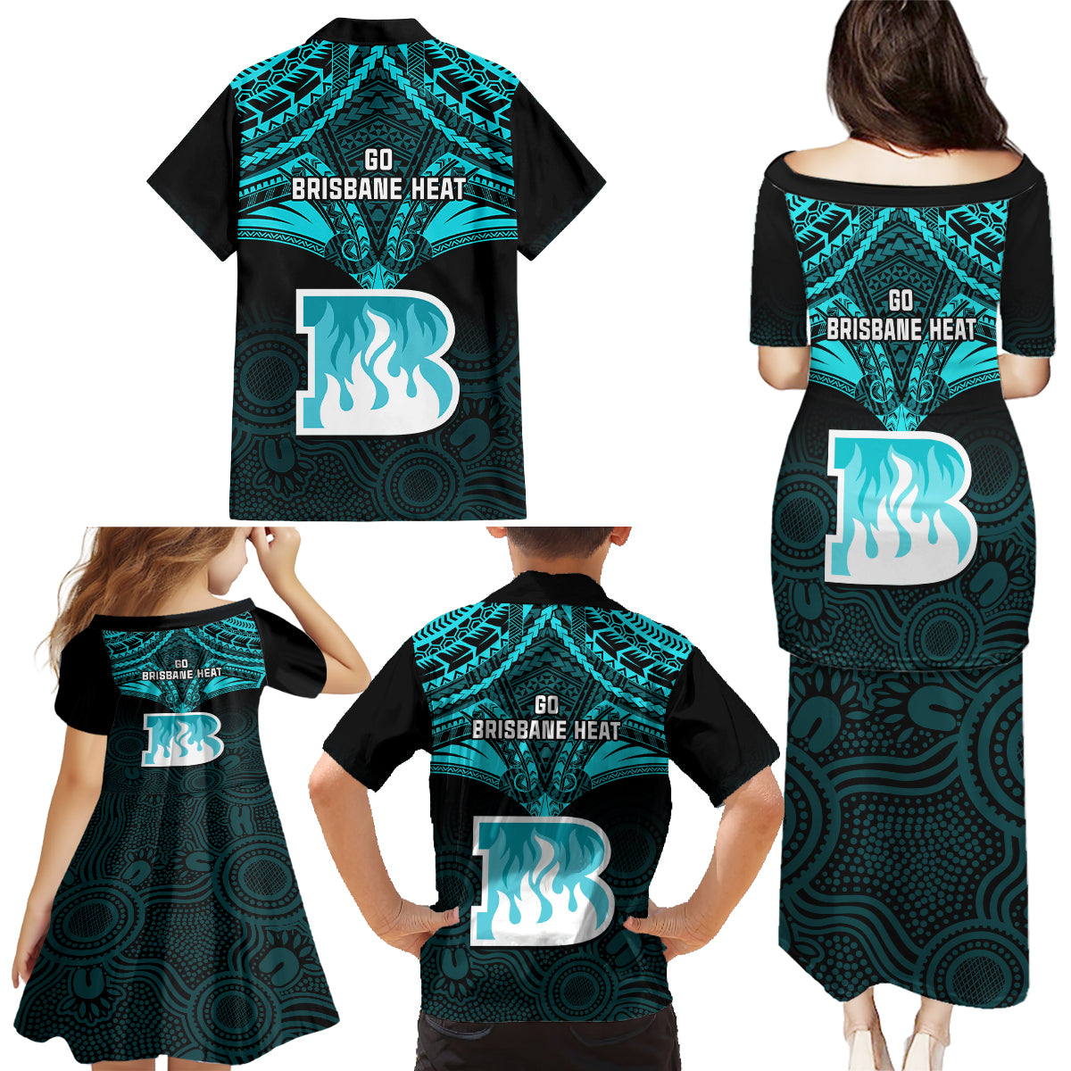 brisbane-heat-cricket-family-matching-puletasi-dress-and-hawaiian-shirt-2023-unique-indigenous-art-mix-polynesian-pattern