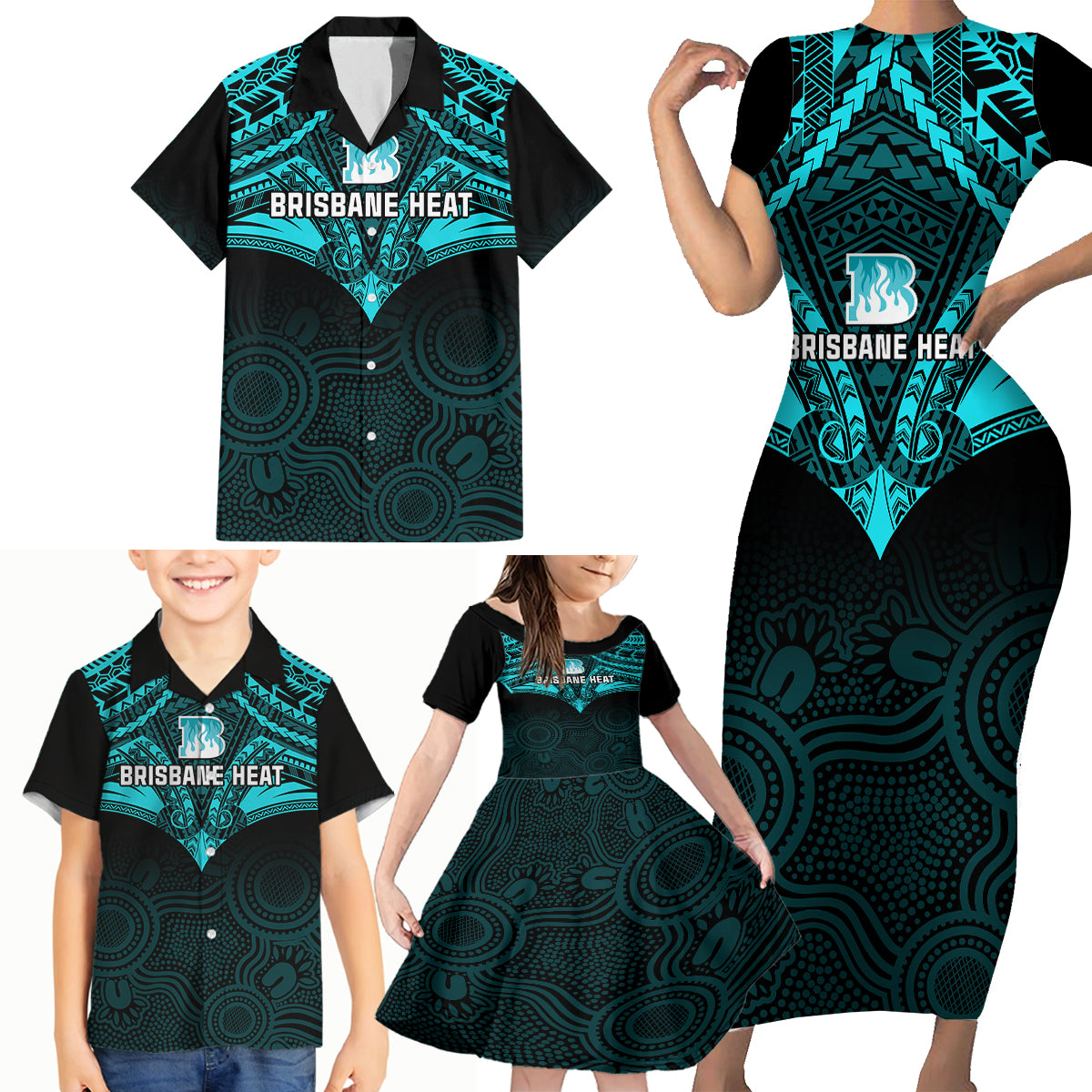 brisbane-heat-cricket-family-matching-short-sleeve-bodycon-dress-and-hawaiian-shirt-2023-unique-indigenous-art-mix-polynesian-pattern