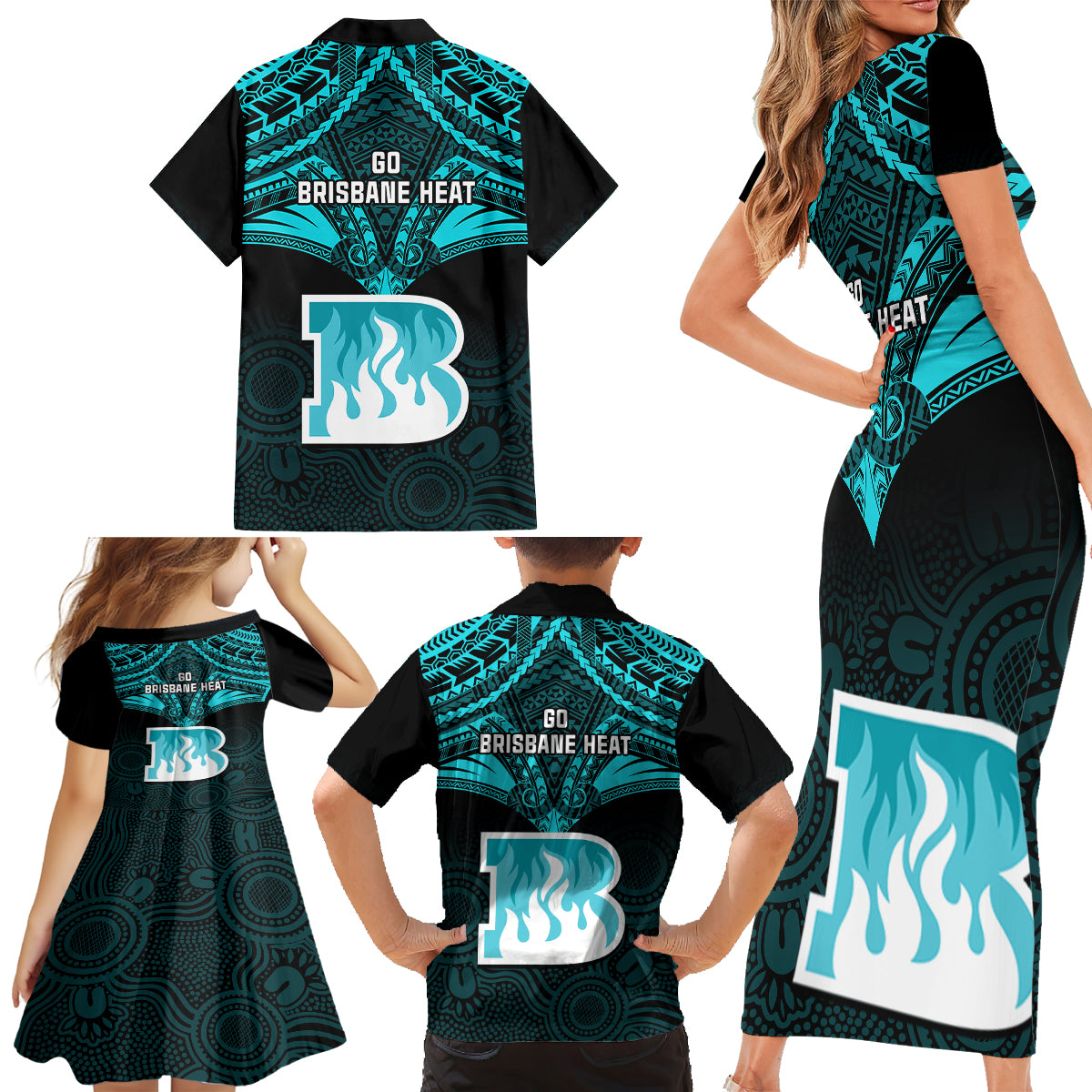 brisbane-heat-cricket-family-matching-short-sleeve-bodycon-dress-and-hawaiian-shirt-2023-unique-indigenous-art-mix-polynesian-pattern