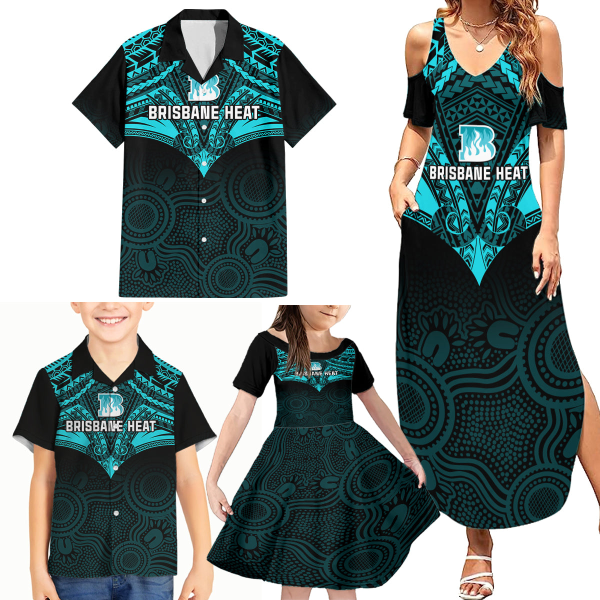 brisbane-heat-cricket-family-matching-summer-maxi-dress-and-hawaiian-shirt-2023-unique-indigenous-art-mix-polynesian-pattern