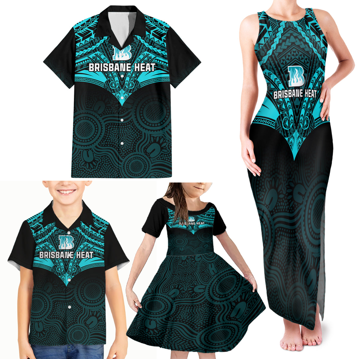 brisbane-heat-cricket-family-matching-tank-maxi-dress-and-hawaiian-shirt-2023-unique-indigenous-art-mix-polynesian-pattern