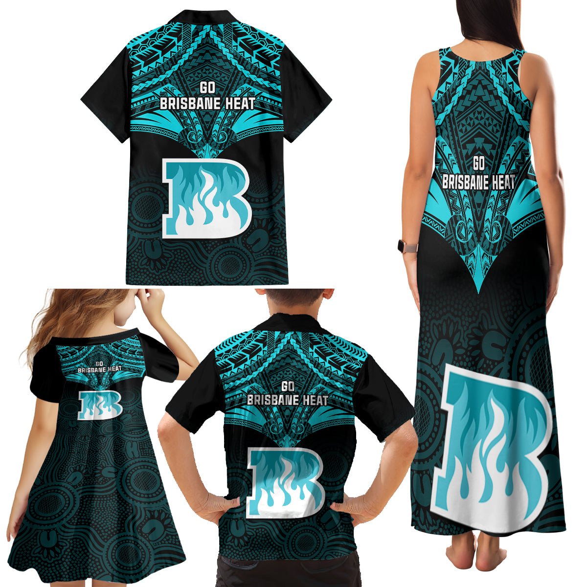 brisbane-heat-cricket-family-matching-tank-maxi-dress-and-hawaiian-shirt-2023-unique-indigenous-art-mix-polynesian-pattern