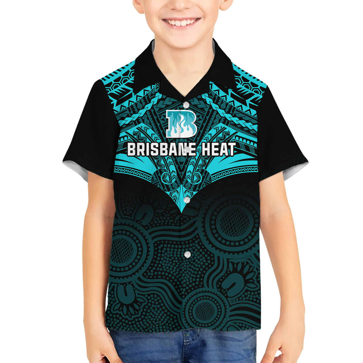 brisbane-heat-cricket-family-matching-tank-maxi-dress-and-hawaiian-shirt-2023-unique-indigenous-art-mix-polynesian-pattern