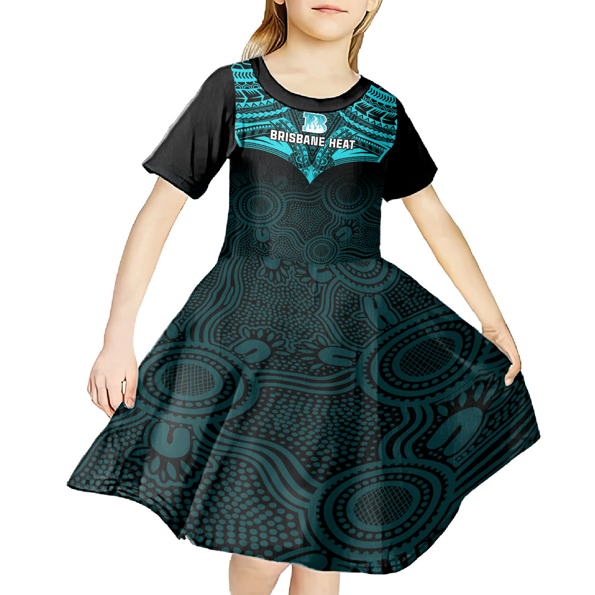 Brisbane Heat Cricket Kid Short Sleeve Dress 2023 Unique Indigenous Art Mix Polynesian Pattern - Vibe Hoodie Shop