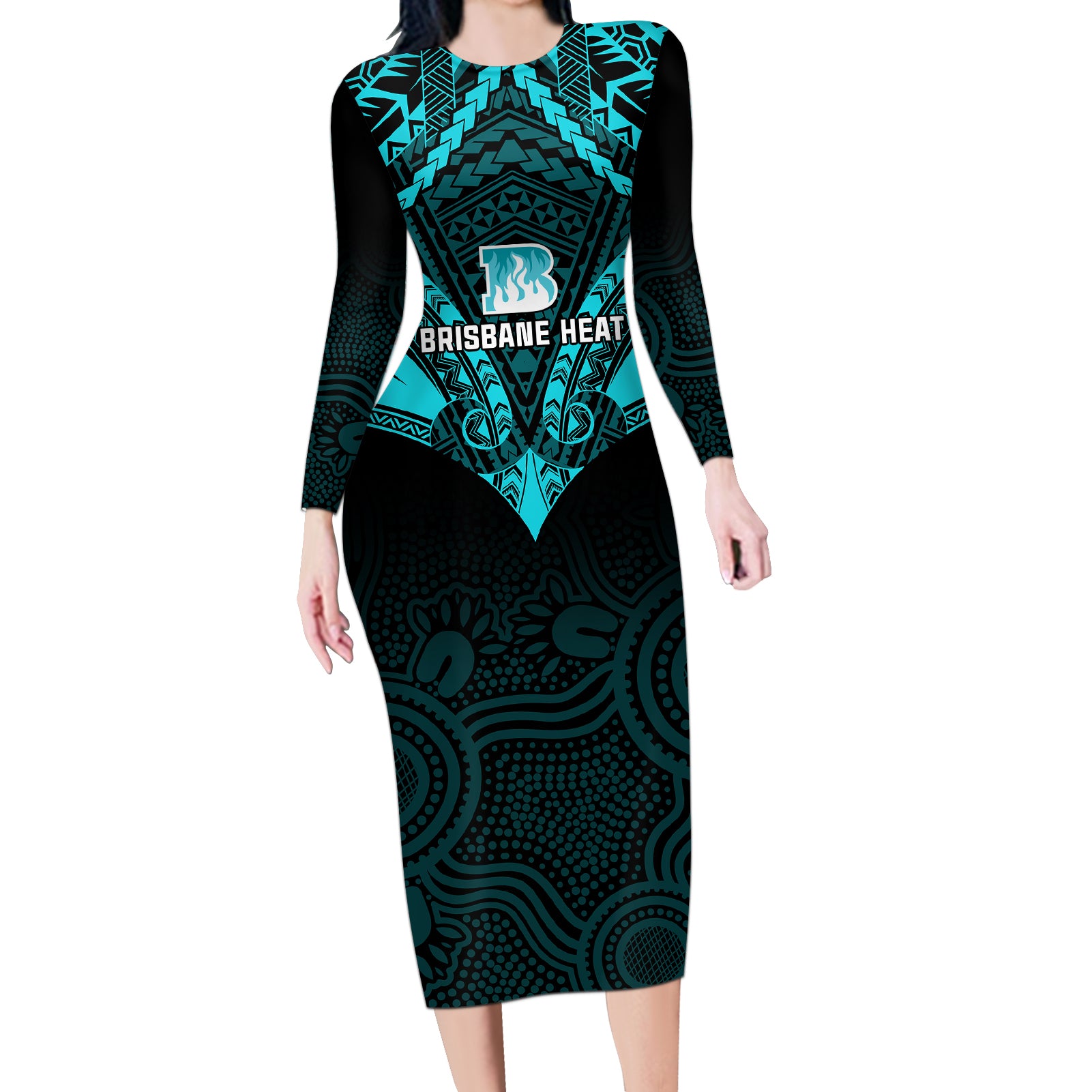 brisbane-heat-cricket-long-sleeve-bodycon-dress-2023-unique-indigenous-art-mix-polynesian-pattern