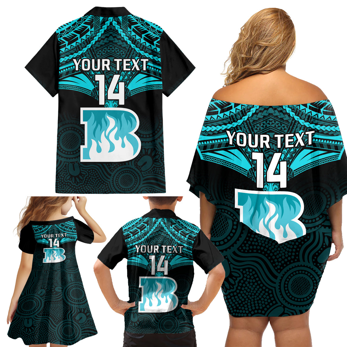 Custom Brisbane Heat Cricket Family Matching Off Shoulder Short Dress and Hawaiian Shirt 2023 Unique Indigenous Art Mix Polynesian Pattern LT14