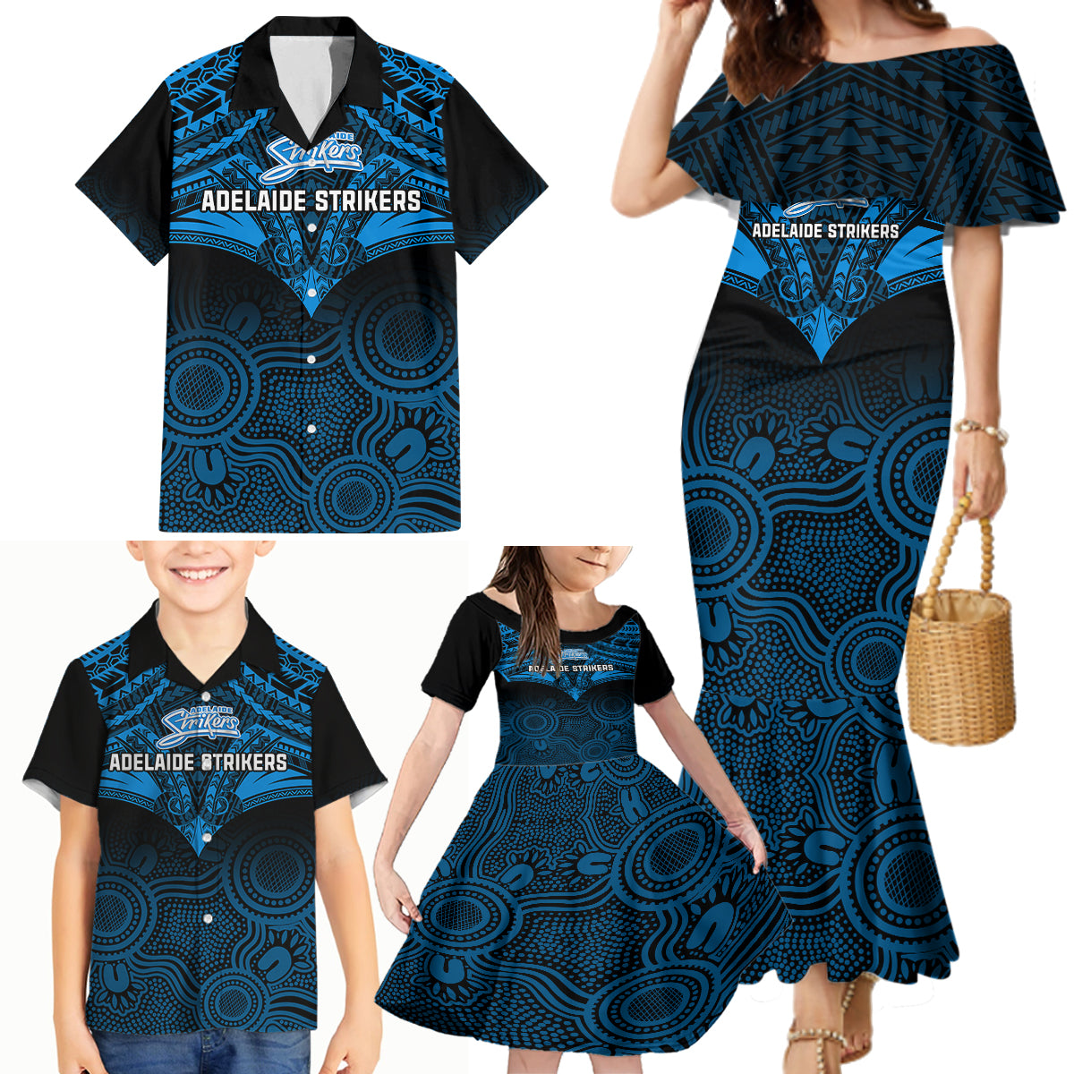 adelaide-strikers-cricket-family-matching-mermaid-dress-and-hawaiian-shirt-2023-unique-indigenous-art-mix-polynesian-pattern