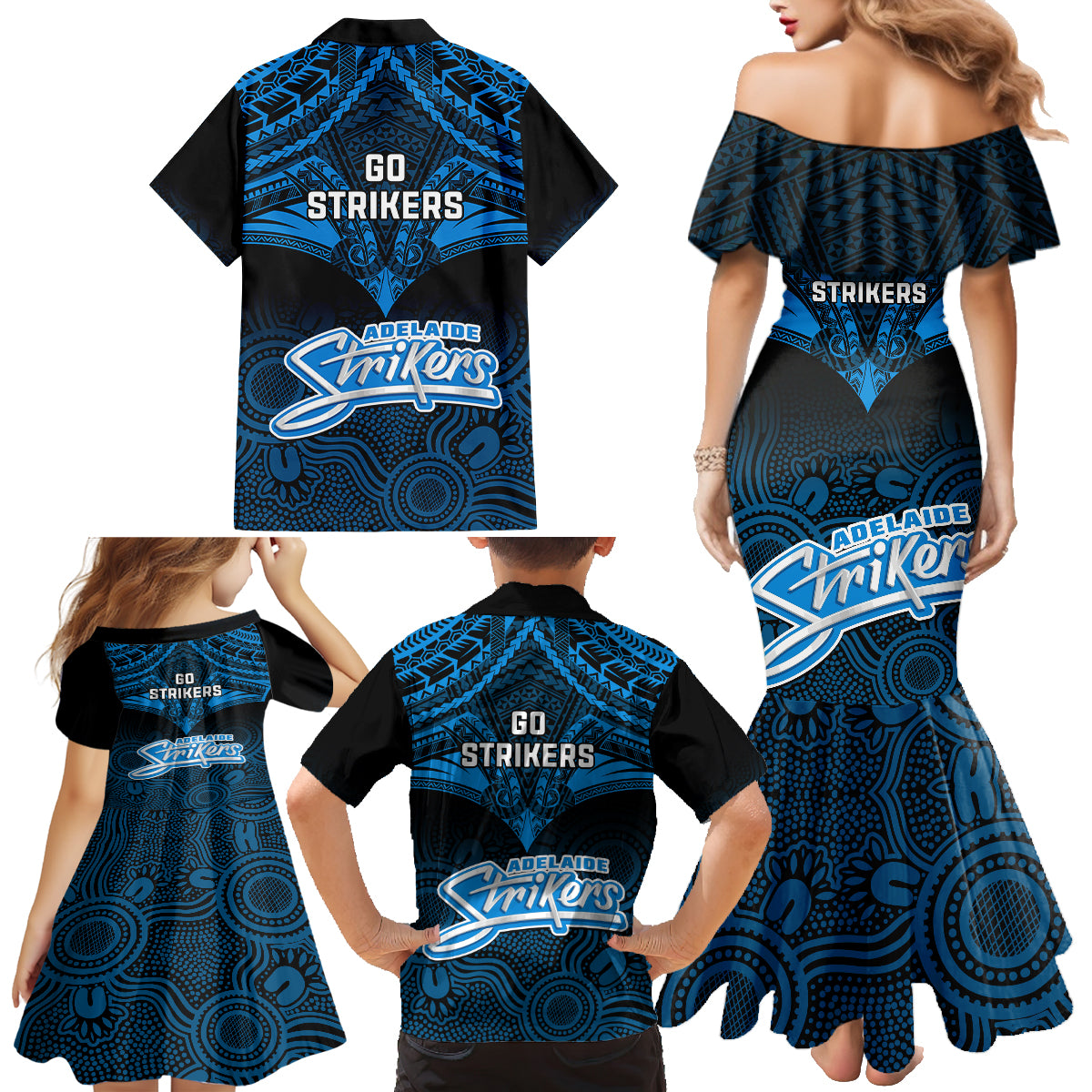 adelaide-strikers-cricket-family-matching-mermaid-dress-and-hawaiian-shirt-2023-unique-indigenous-art-mix-polynesian-pattern