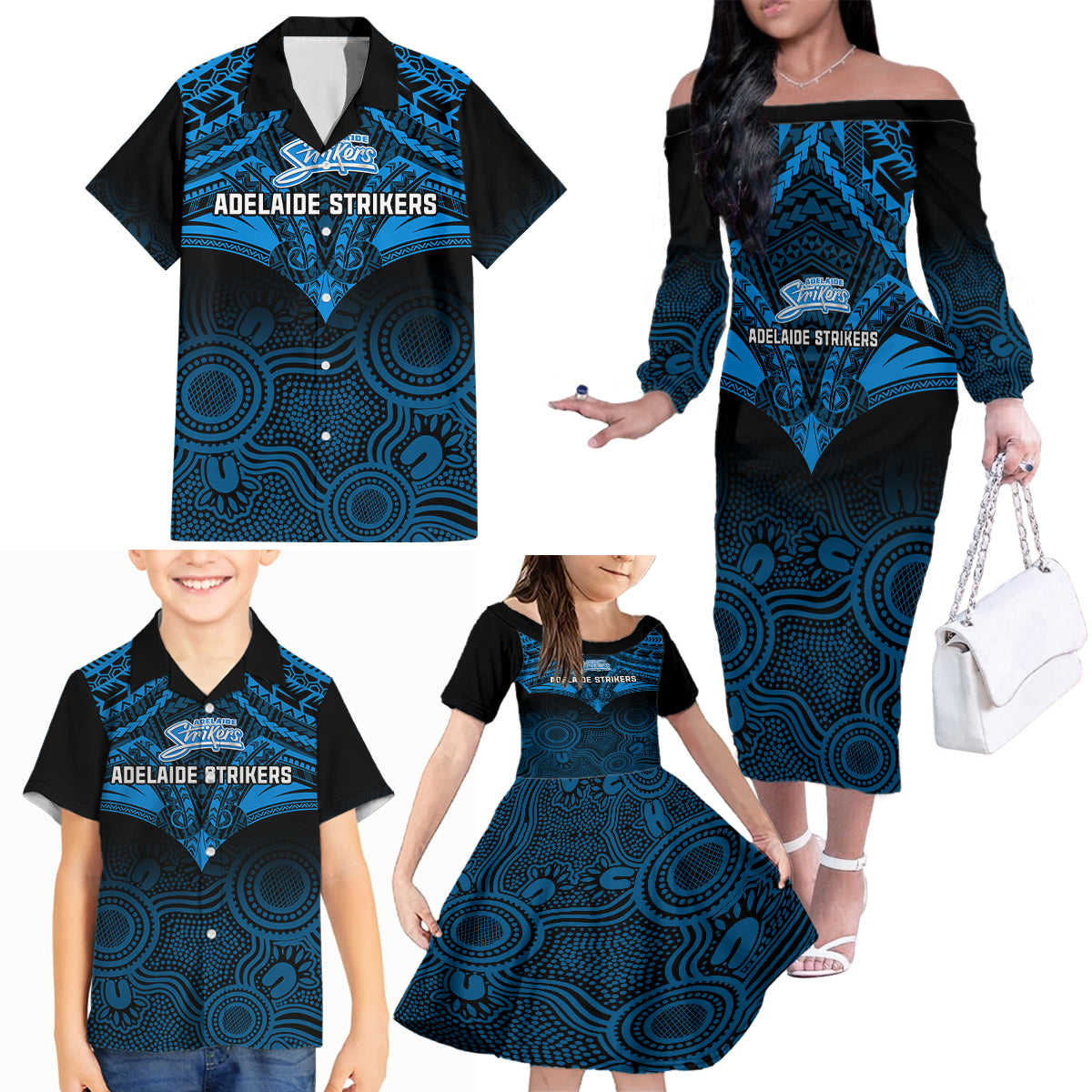 adelaide-strikers-cricket-family-matching-off-shoulder-long-sleeve-dress-and-hawaiian-shirt-2023-unique-indigenous-art-mix-polynesian-pattern