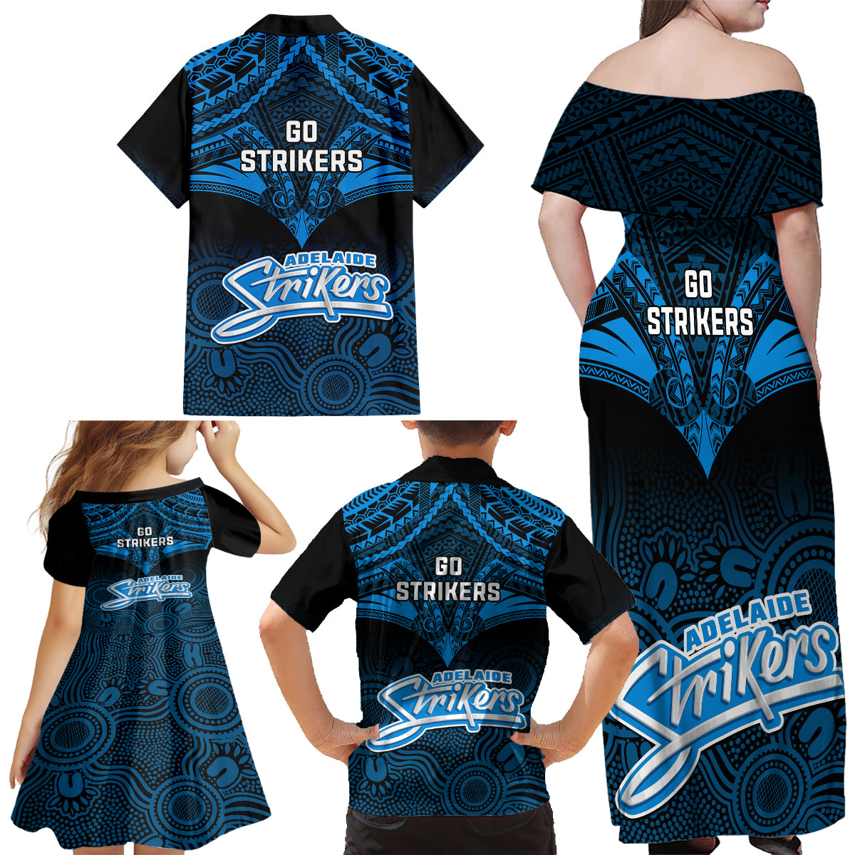 adelaide-strikers-cricket-family-matching-off-shoulder-long-sleeve-dress-and-hawaiian-shirt-2023-unique-indigenous-art-mix-polynesian-pattern