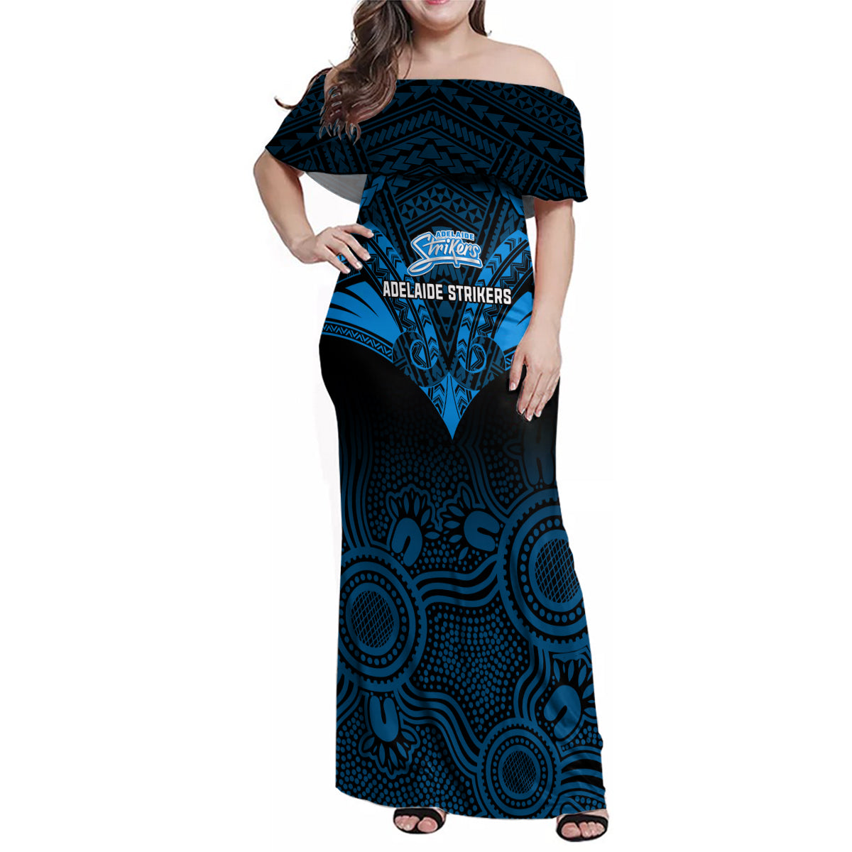 adelaide-strikers-cricket-family-matching-off-shoulder-maxi-dress-and-hawaiian-shirt-2023-unique-indigenous-art-mix-polynesian-pattern