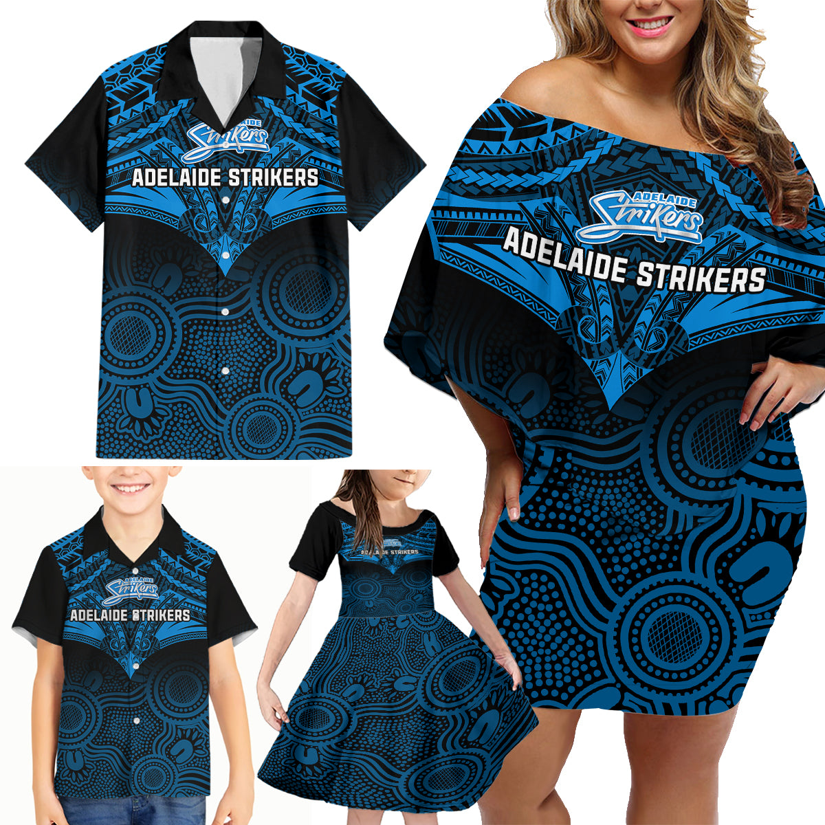 Adelaide Strikers Cricket Family Matching Off Shoulder Short Dress and Hawaiian Shirt 2023 Unique Indigenous Art Mix Polynesian Pattern LT14