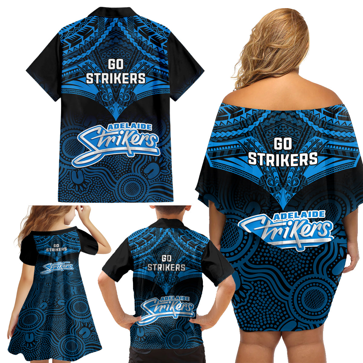 Adelaide Strikers Cricket Family Matching Off Shoulder Short Dress and Hawaiian Shirt 2023 Unique Indigenous Art Mix Polynesian Pattern LT14