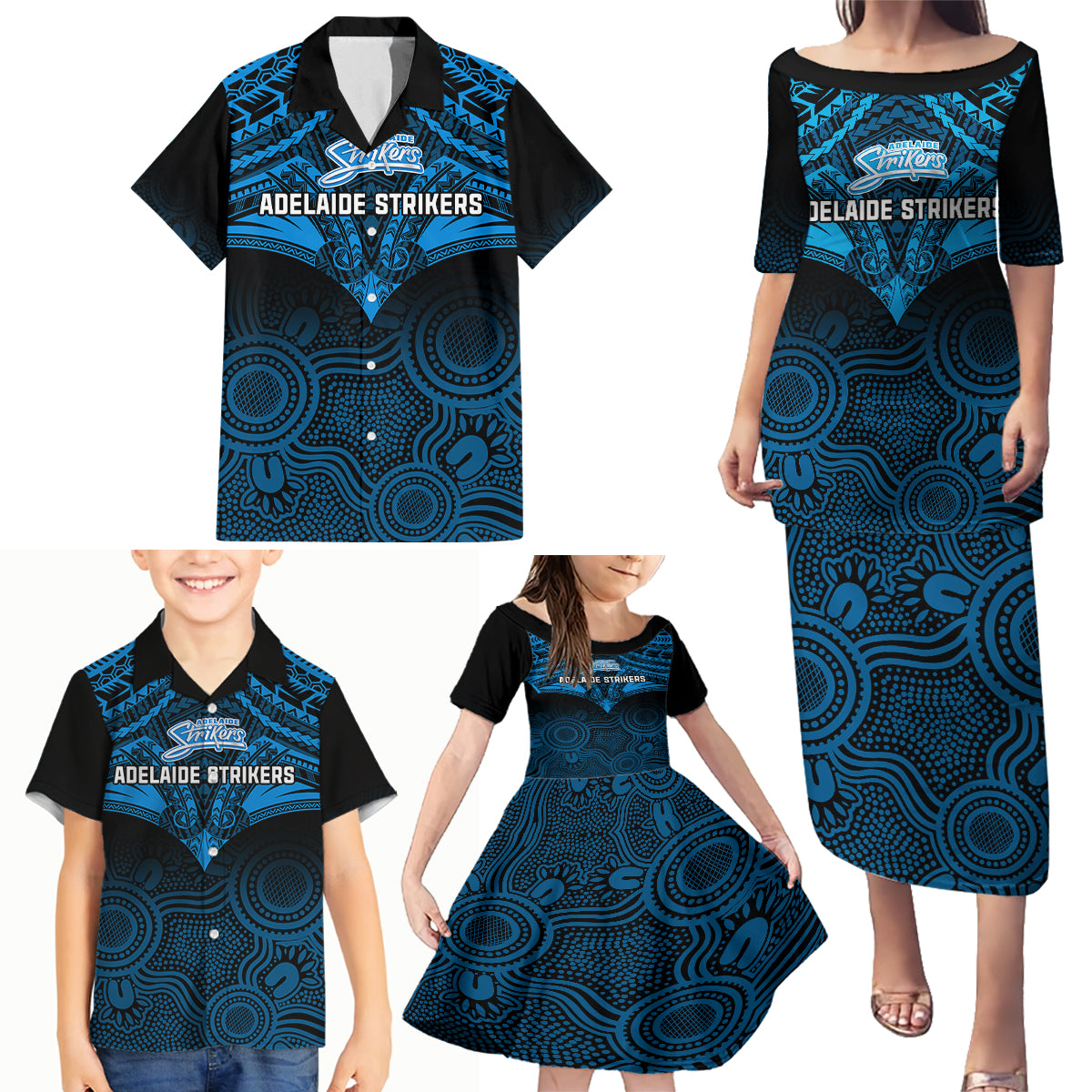 adelaide-strikers-cricket-family-matching-puletasi-dress-and-hawaiian-shirt-2023-unique-indigenous-art-mix-polynesian-pattern