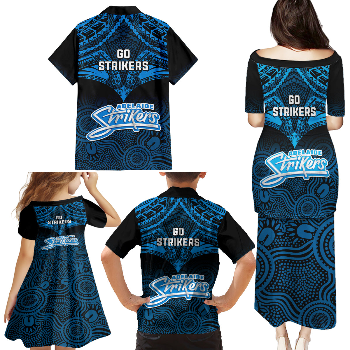 adelaide-strikers-cricket-family-matching-puletasi-dress-and-hawaiian-shirt-2023-unique-indigenous-art-mix-polynesian-pattern