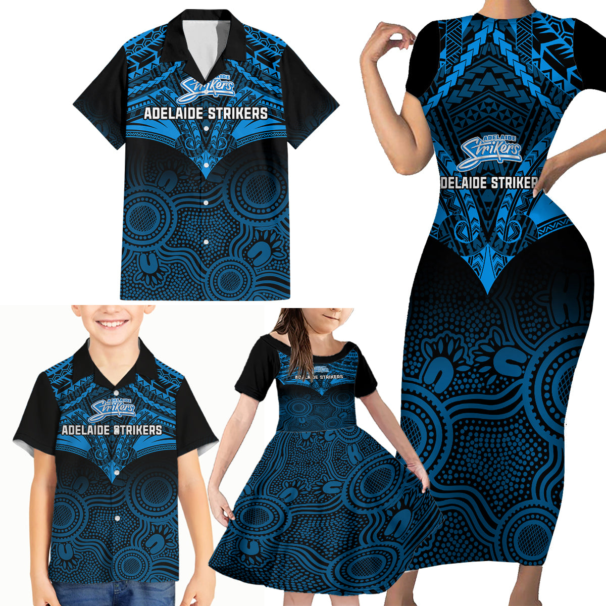 adelaide-strikers-cricket-family-matching-short-sleeve-bodycon-dress-and-hawaiian-shirt-2023-unique-indigenous-art-mix-polynesian-pattern