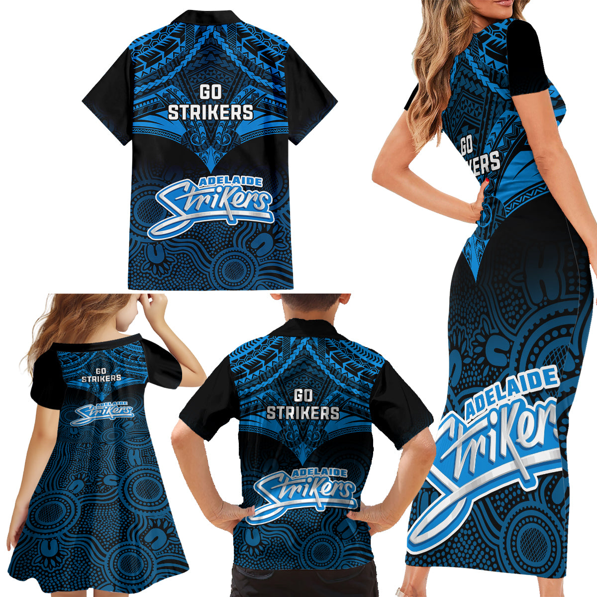 adelaide-strikers-cricket-family-matching-short-sleeve-bodycon-dress-and-hawaiian-shirt-2023-unique-indigenous-art-mix-polynesian-pattern