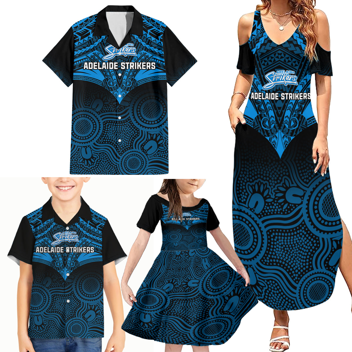 adelaide-strikers-cricket-family-matching-summer-maxi-dress-and-hawaiian-shirt-2023-unique-indigenous-art-mix-polynesian-pattern