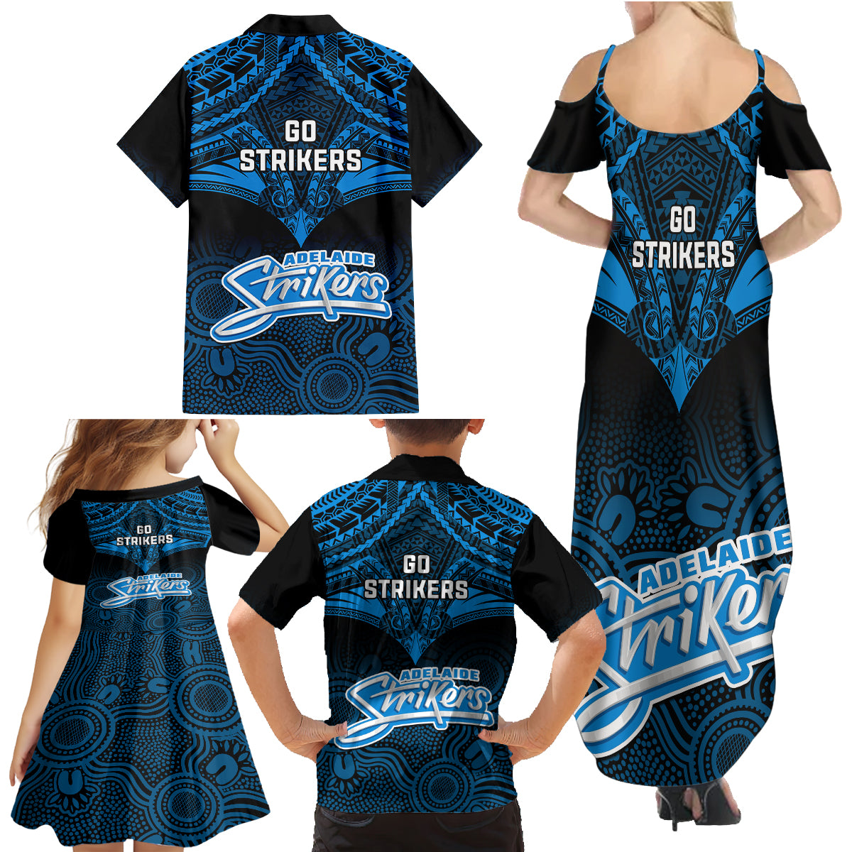 adelaide-strikers-cricket-family-matching-summer-maxi-dress-and-hawaiian-shirt-2023-unique-indigenous-art-mix-polynesian-pattern