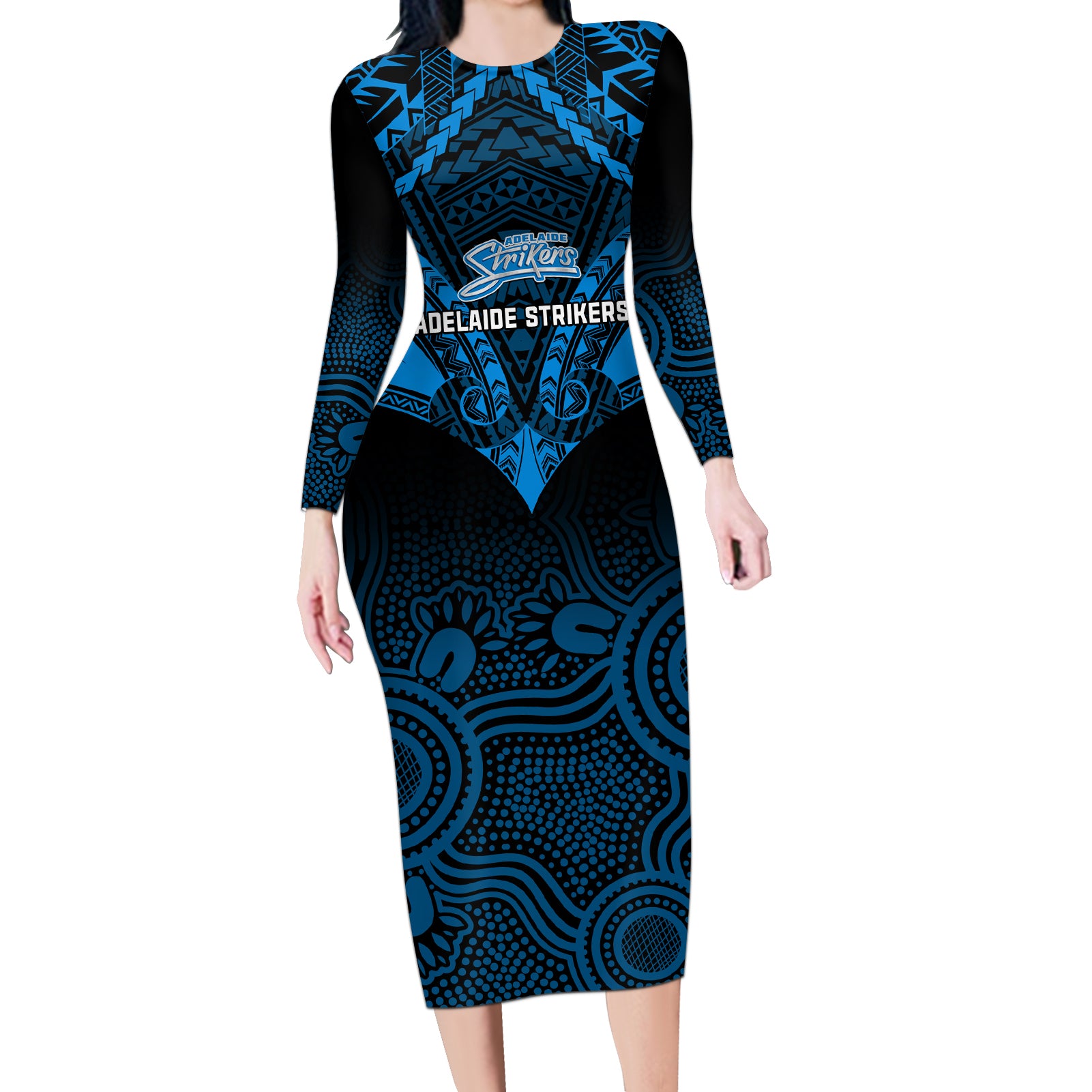 adelaide-strikers-cricket-long-sleeve-bodycon-dress-2023-unique-indigenous-art-mix-polynesian-pattern