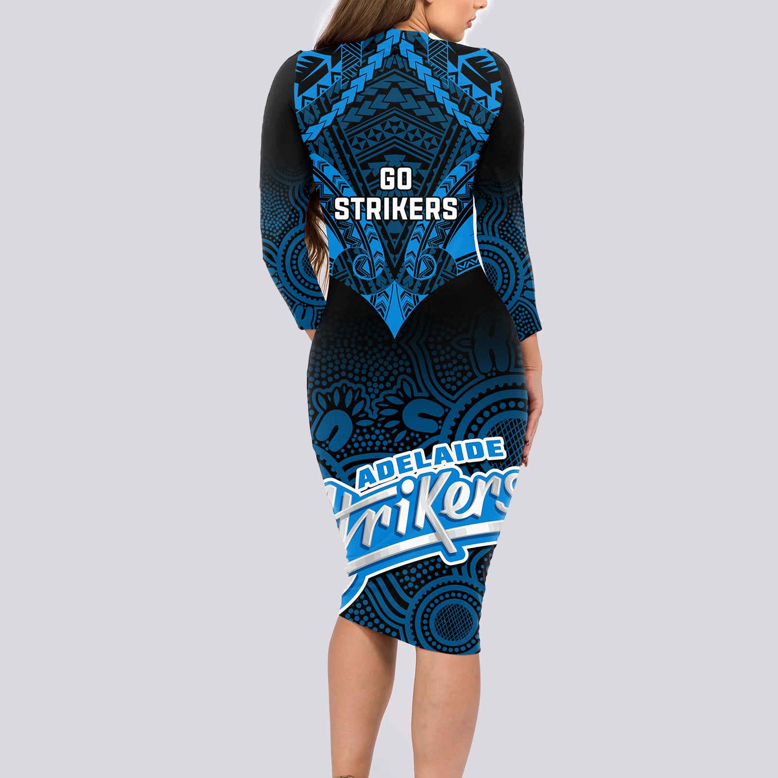 adelaide-strikers-cricket-long-sleeve-bodycon-dress-2023-unique-indigenous-art-mix-polynesian-pattern