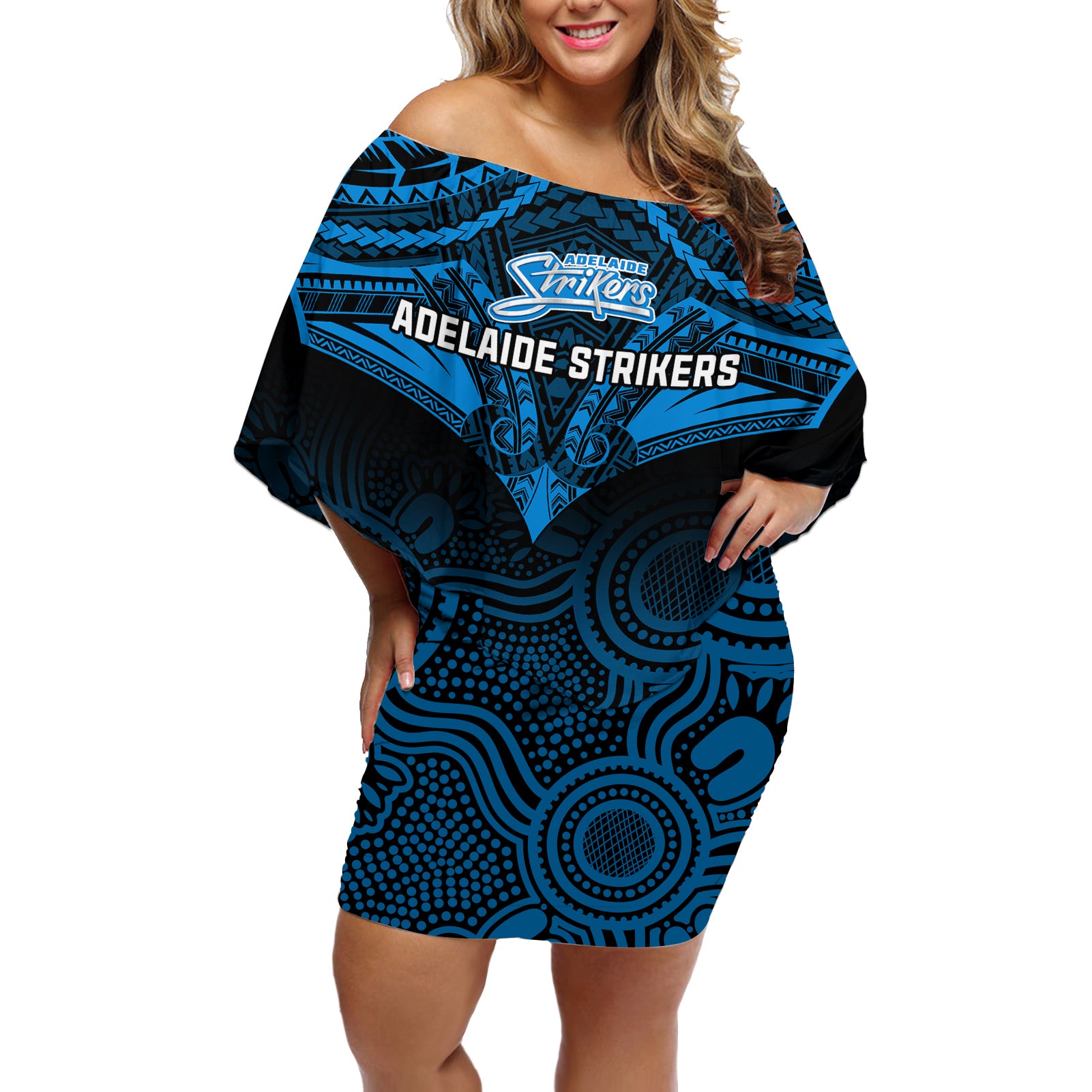 adelaide-strikers-cricket-off-shoulder-short-dress-2023-unique-indigenous-art-mix-polynesian-pattern