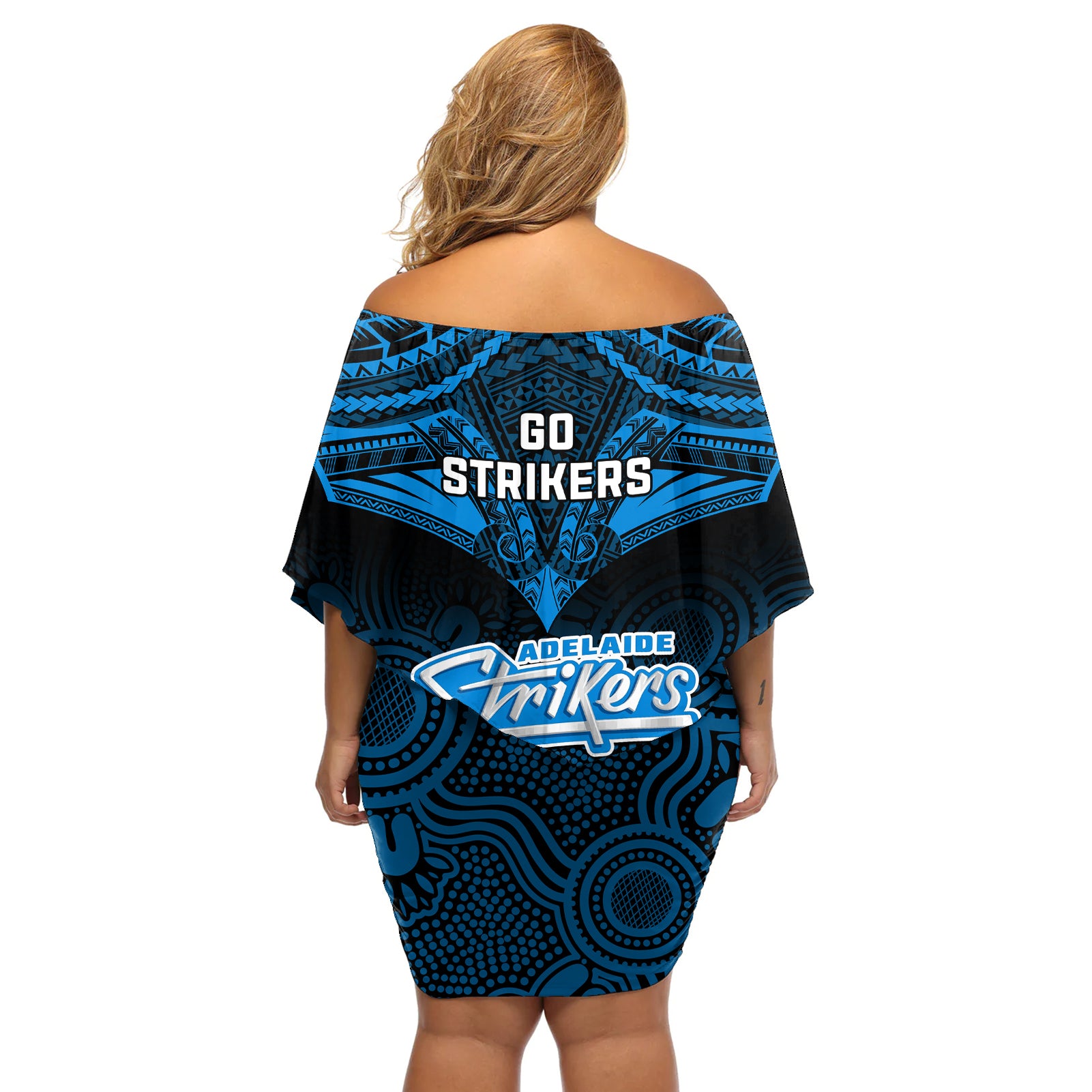 adelaide-strikers-cricket-off-shoulder-short-dress-2023-unique-indigenous-art-mix-polynesian-pattern