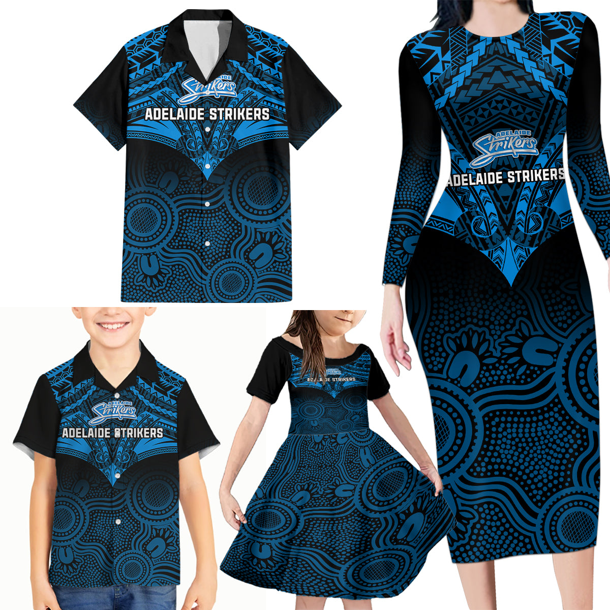 custom-adelaide-strikers-cricket-family-matching-long-sleeve-bodycon-dress-and-hawaiian-shirt-2023-unique-indigenous-art-mix-polynesian-pattern