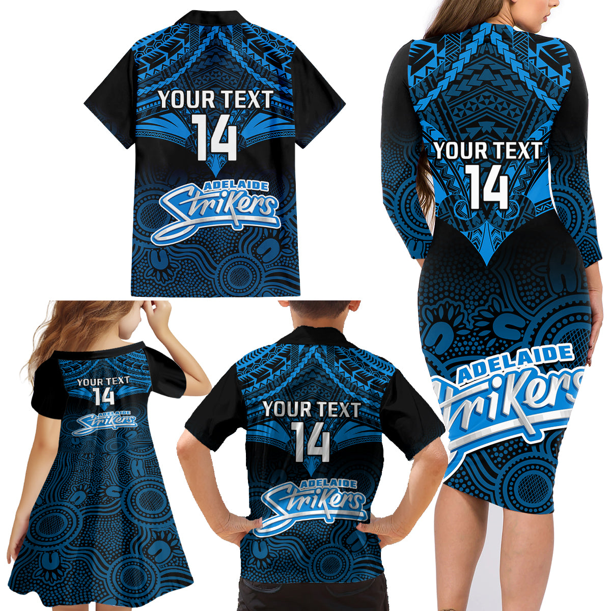 custom-adelaide-strikers-cricket-family-matching-long-sleeve-bodycon-dress-and-hawaiian-shirt-2023-unique-indigenous-art-mix-polynesian-pattern