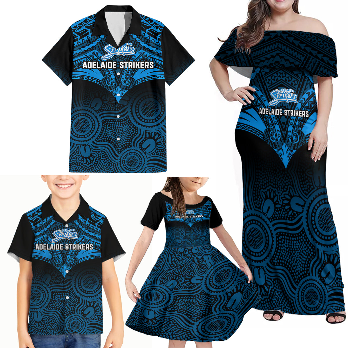 custom-adelaide-strikers-cricket-family-matching-off-shoulder-maxi-dress-and-hawaiian-shirt-2023-unique-indigenous-art-mix-polynesian-pattern