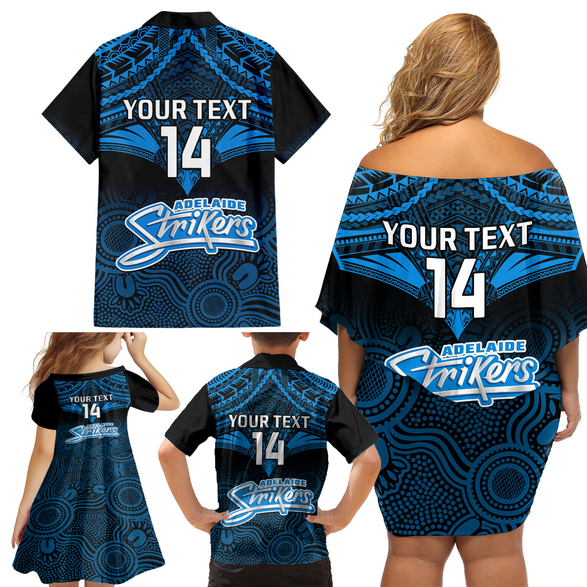 Custom Adelaide Strikers Cricket Family Matching Off Shoulder Short Dress and Hawaiian Shirt 2023 Unique Indigenous Art Mix Polynesian Pattern LT14