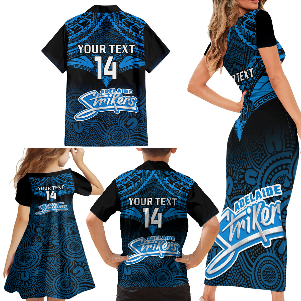 custom-adelaide-strikers-cricket-family-matching-short-sleeve-bodycon-dress-and-hawaiian-shirt-2023-unique-indigenous-art-mix-polynesian-pattern