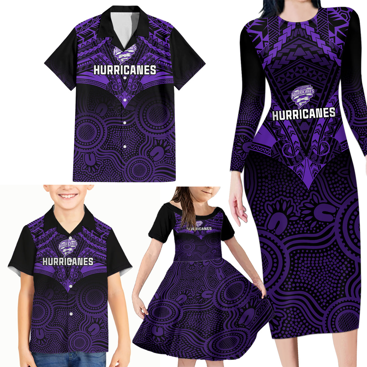 custom-hobart-hurricanes-cricket-family-matching-long-sleeve-bodycon-dress-and-hawaiian-shirt-2023-unique-indigenous-art-mix-polynesian-pattern