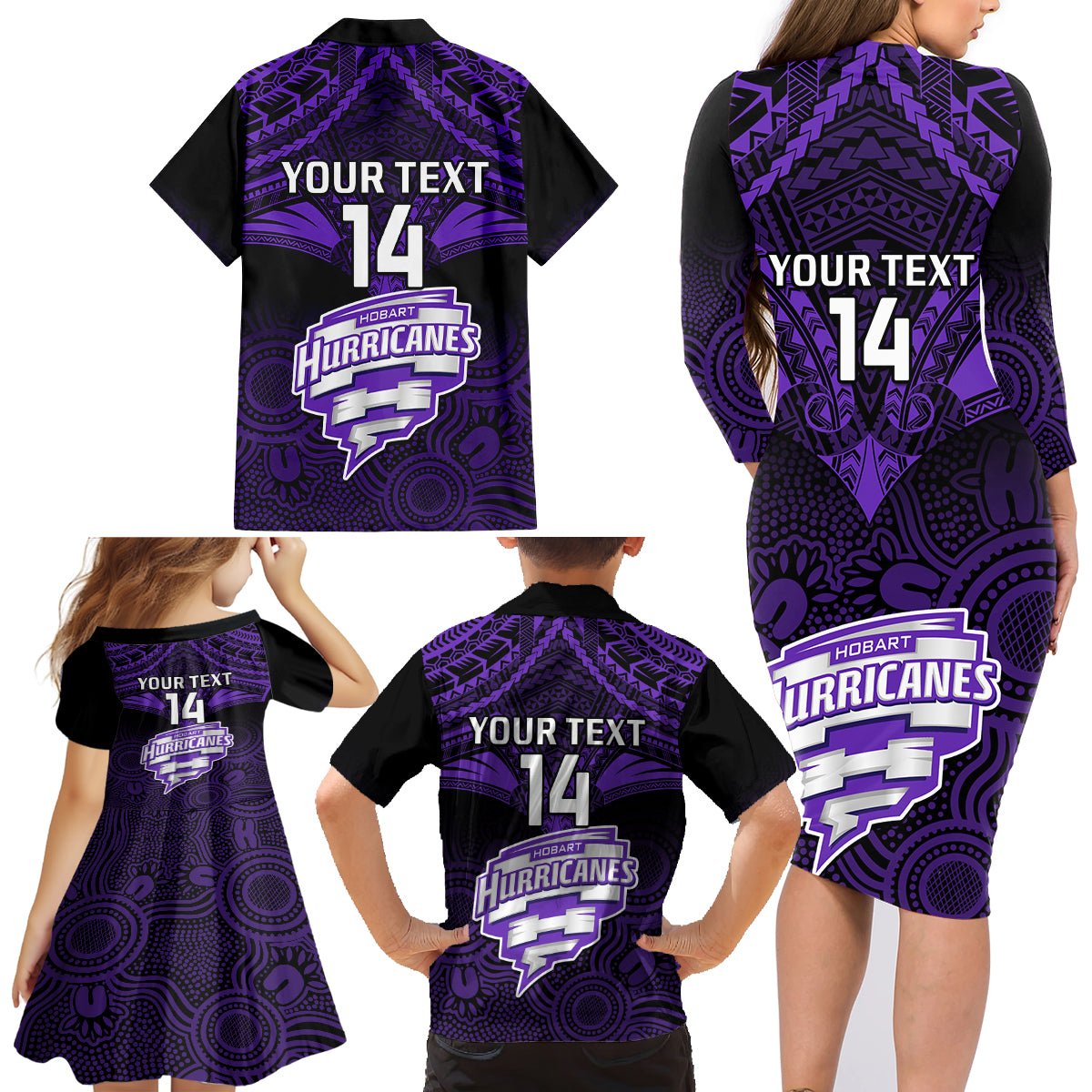 custom-hobart-hurricanes-cricket-family-matching-long-sleeve-bodycon-dress-and-hawaiian-shirt-2023-unique-indigenous-art-mix-polynesian-pattern