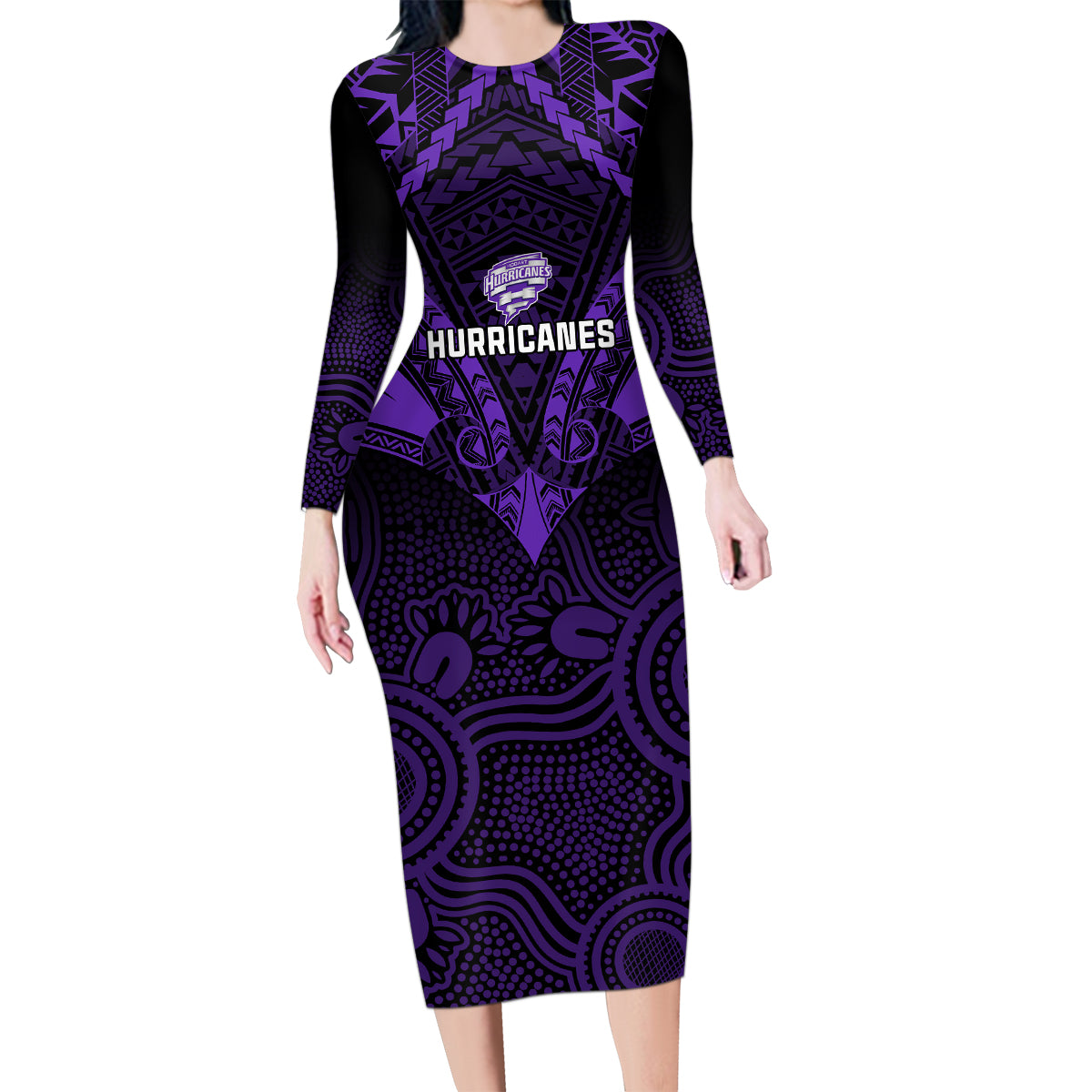 custom-hobart-hurricanes-cricket-family-matching-long-sleeve-bodycon-dress-and-hawaiian-shirt-2023-unique-indigenous-art-mix-polynesian-pattern