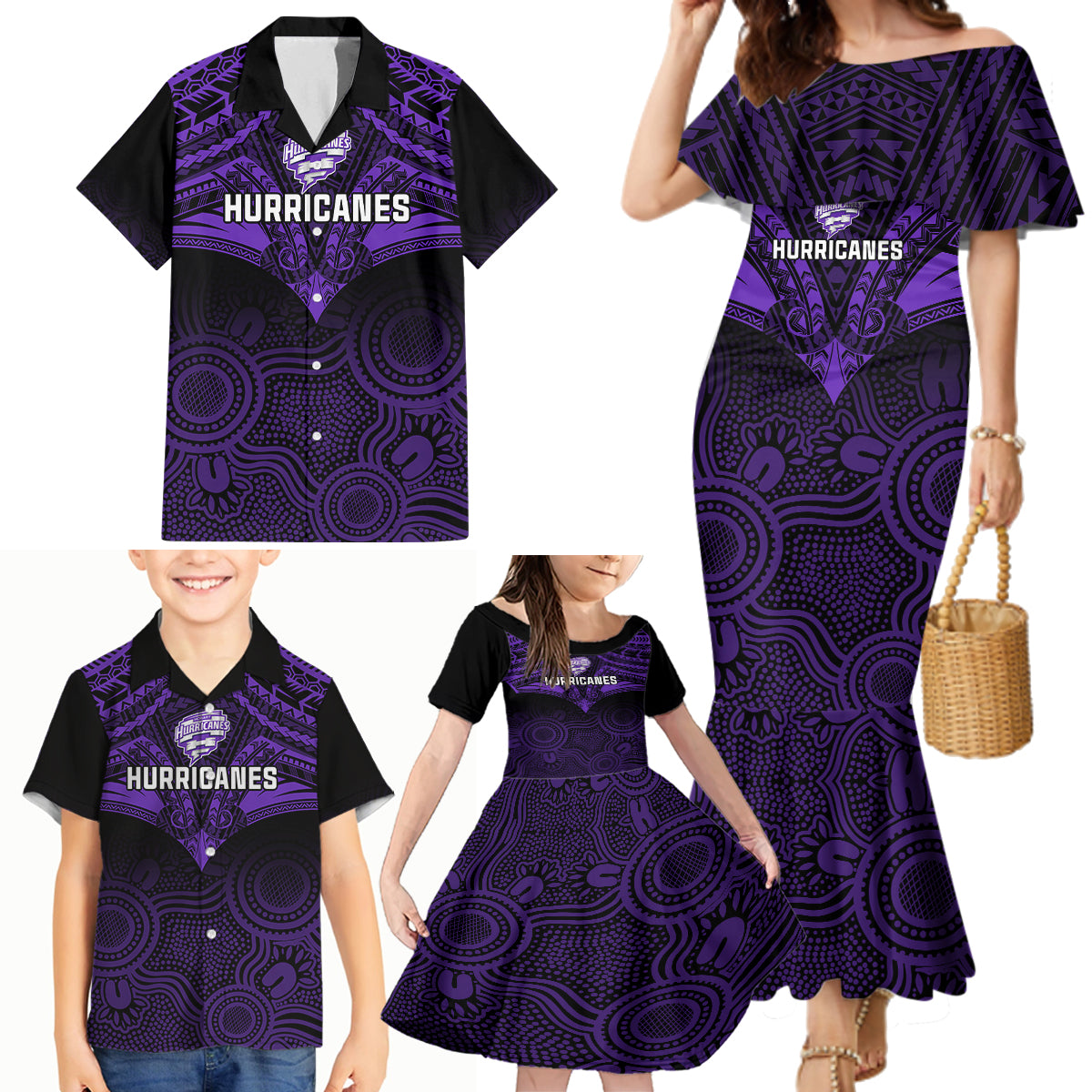 custom-hobart-hurricanes-cricket-family-matching-mermaid-dress-and-hawaiian-shirt-2023-unique-indigenous-art-mix-polynesian-pattern