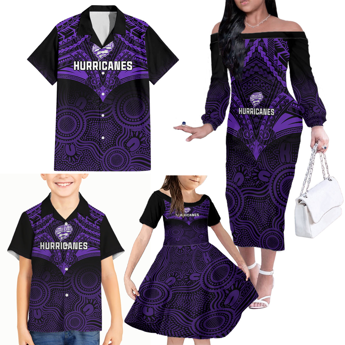 custom-hobart-hurricanes-cricket-family-matching-off-shoulder-long-sleeve-dress-and-hawaiian-shirt-2023-unique-indigenous-art-mix-polynesian-pattern