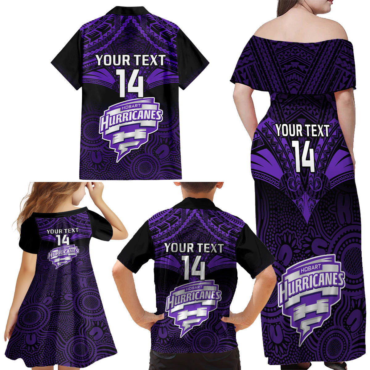 custom-hobart-hurricanes-cricket-family-matching-off-shoulder-long-sleeve-dress-and-hawaiian-shirt-2023-unique-indigenous-art-mix-polynesian-pattern